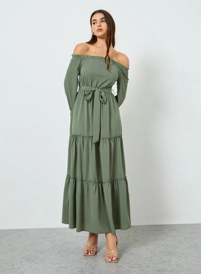 Styli Green Off Shoulder Tiered Maxi Dress